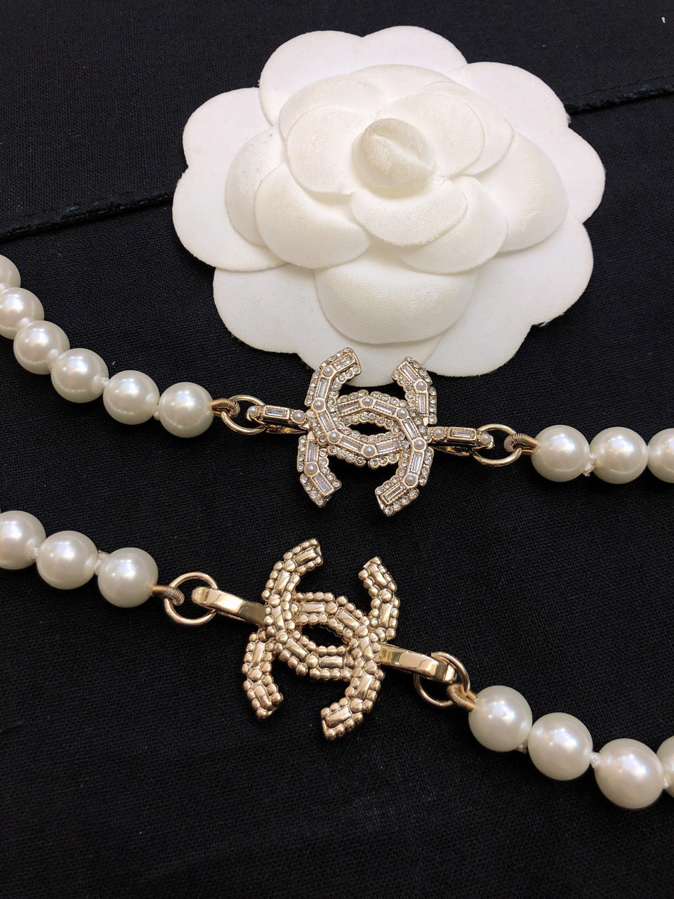 CHANEL Pearl Crystal Double-C Long Necklace