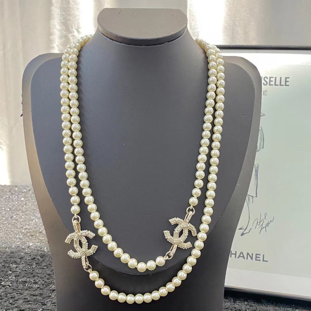 CHANEL Pearl Crystal Double-C Long Necklace