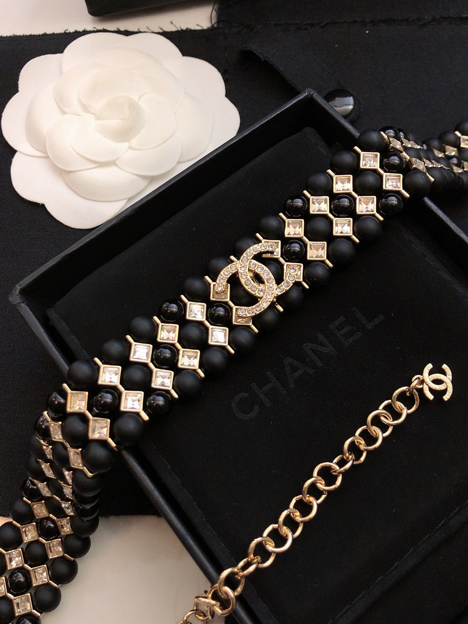 CHANEL Pearl Crystal Double-C Long Necklace