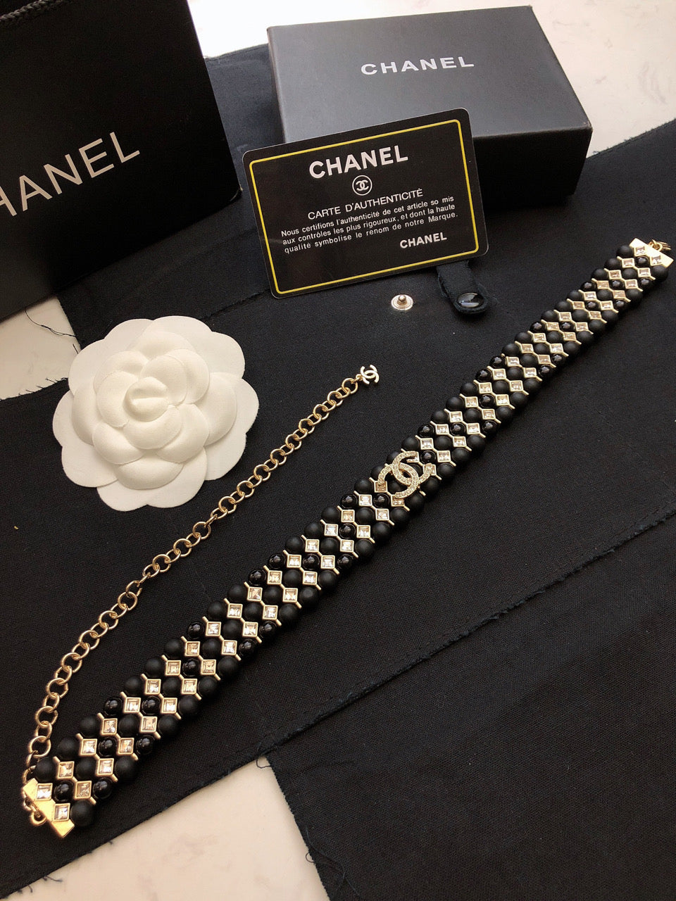 CHANEL Pearl Crystal Double-C Long Necklace