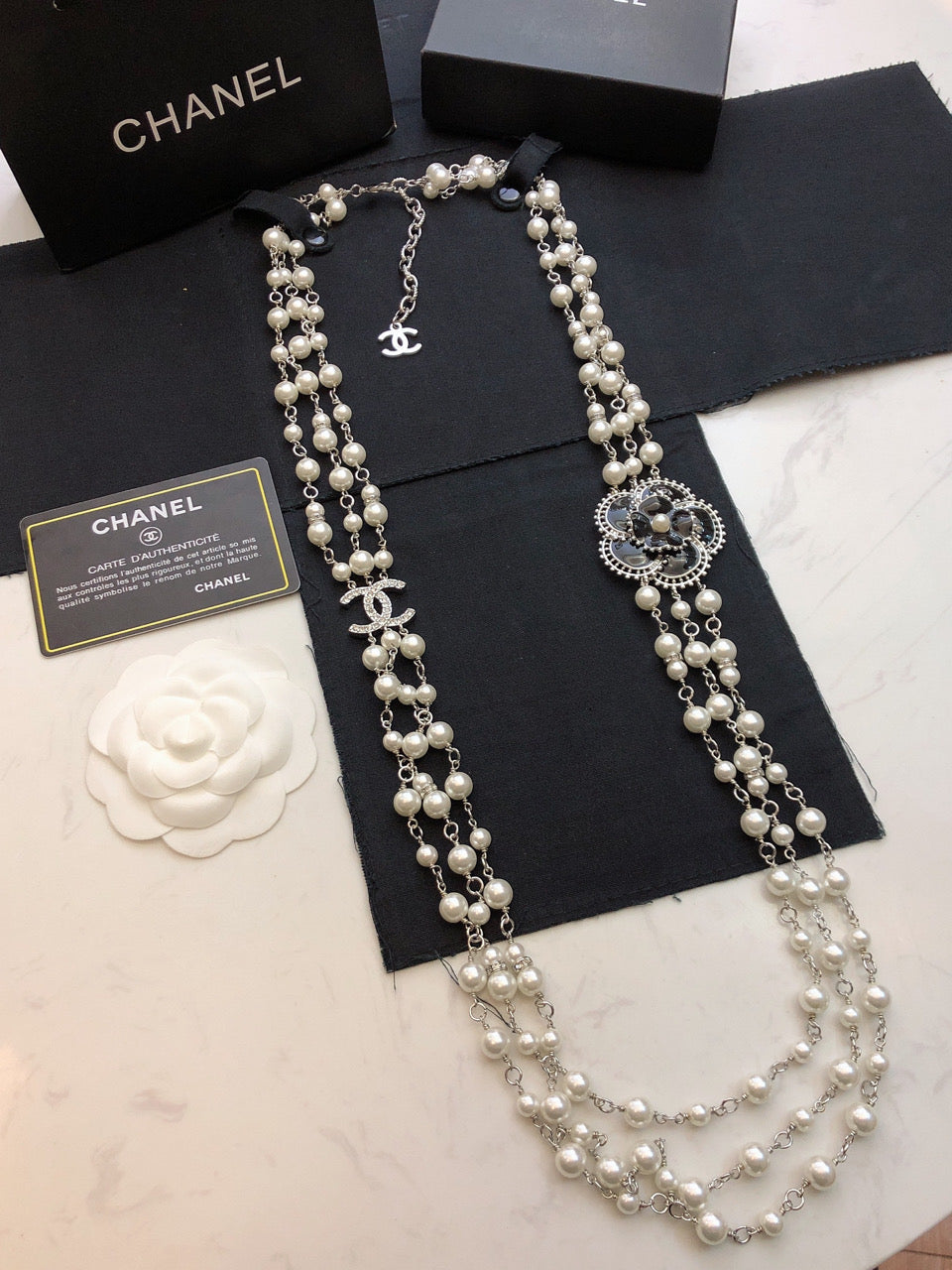 CHANEL Pearl Camellia Long Necklace
