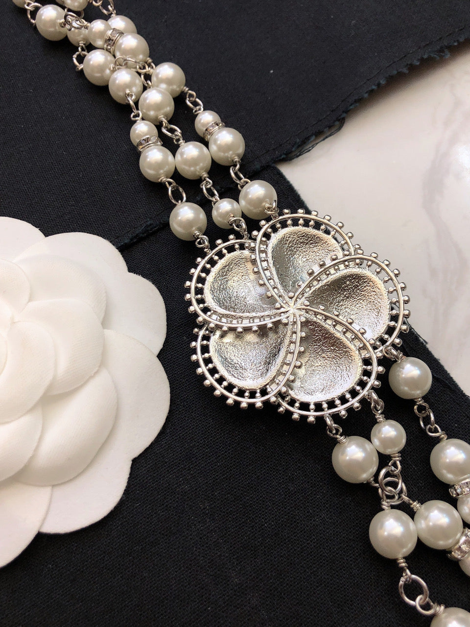 CHANEL Pearl Camellia Long Necklace