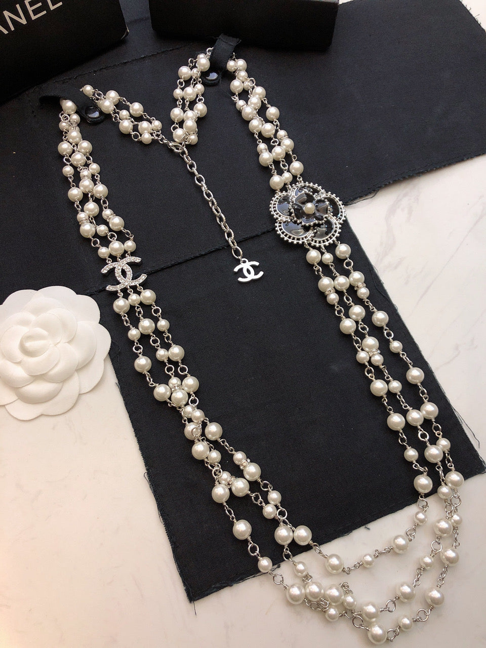 CHANEL Pearl Camellia Long Necklace
