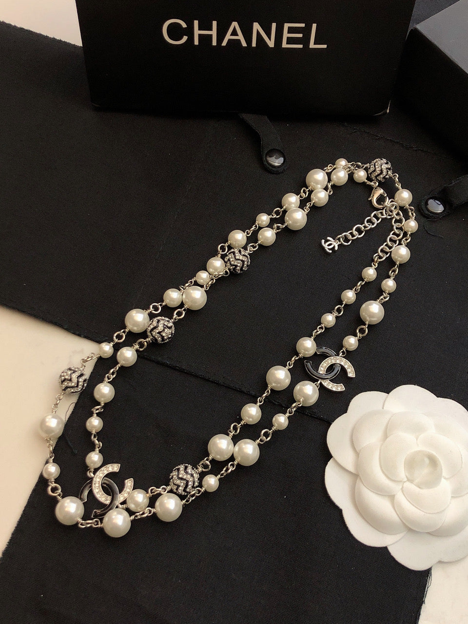CHANEL Pearl Crystal Double-C Long Necklace