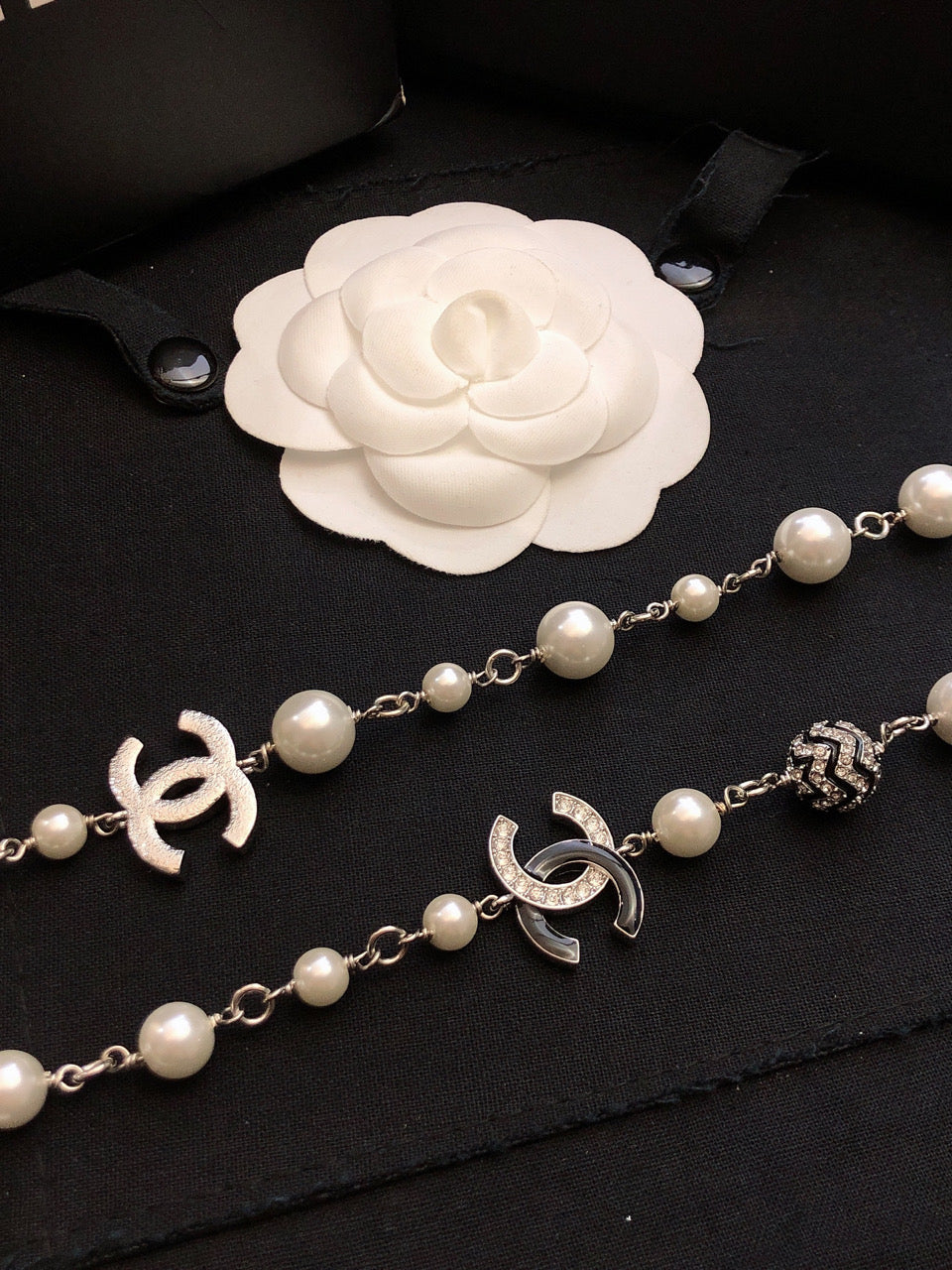 CHANEL Pearl Crystal Double-C Long Necklace
