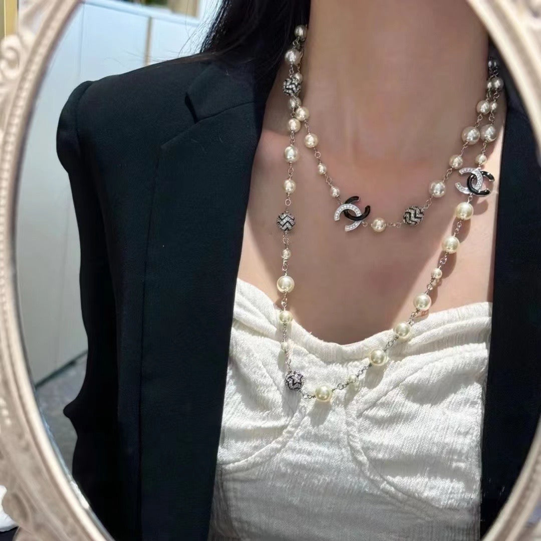 CHANEL Pearl Crystal Double-C Long Necklace
