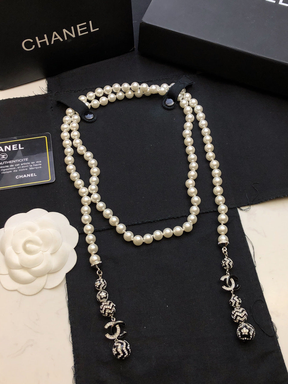 CHANEL Pearl Crystal Double-C Long Necklace