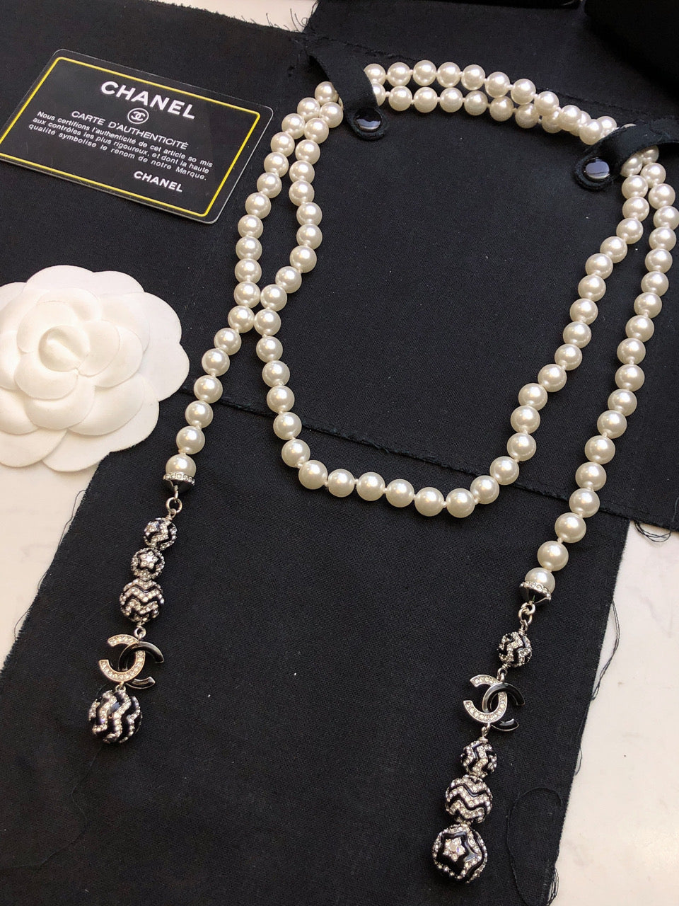 CHANEL Pearl Crystal Double-C Long Necklace