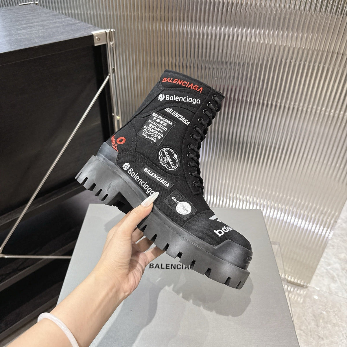 Balenciaga Logo-Print Canvas Combat Boots #01