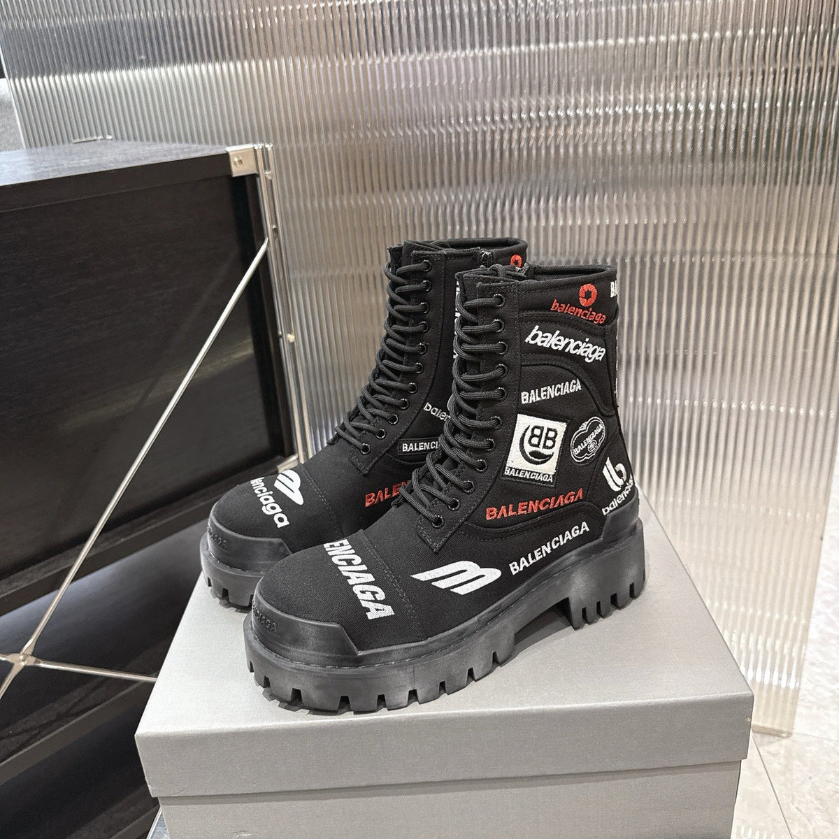 Balenciaga Logo-Print Canvas Combat Boots #01