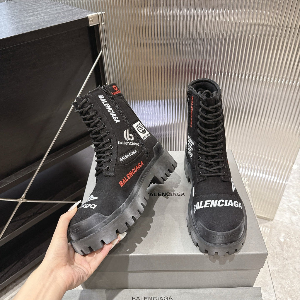 Balenciaga Logo-Print Canvas Combat Boots #01