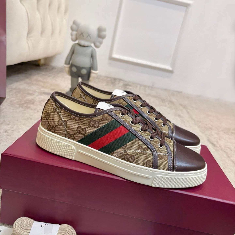 Gucci Ace Low-Top Sneaker — Web Stripe, Smooth & GG Embossed Leather